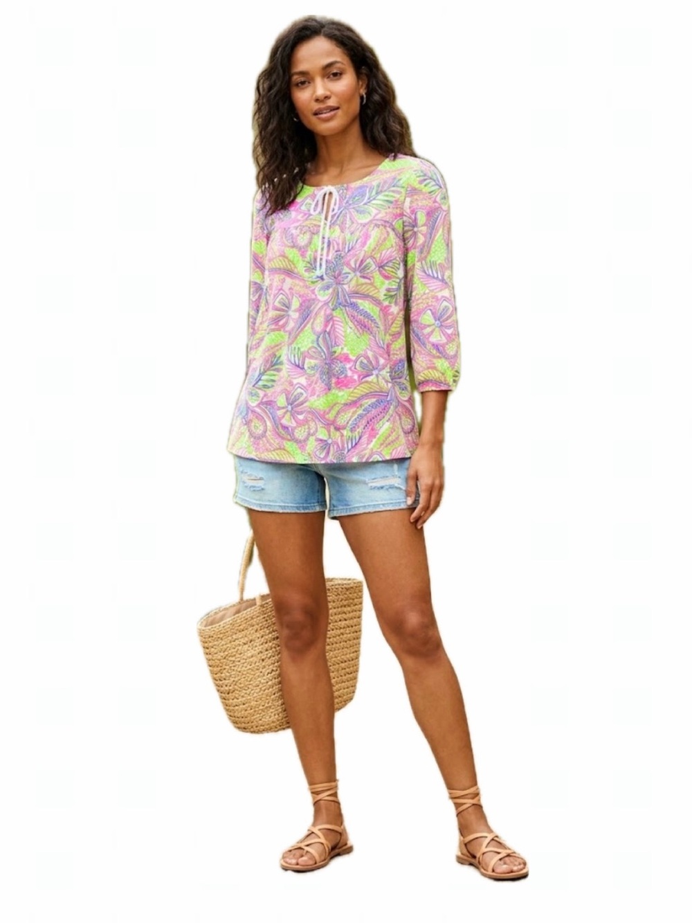 STELLA PARKER WOMEN S MULTICOLOR FLORAL 3/4 SLEEVE BLOUSE TOP FRONT TIE NWT